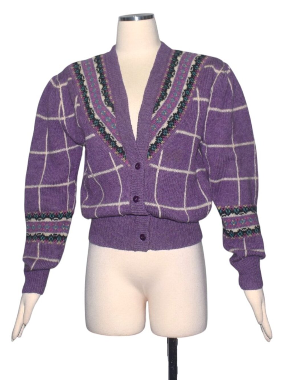 Vintage 80s Woolrich Purple 100% Wool Cardigan Fair Isle Windowpane Sweater S